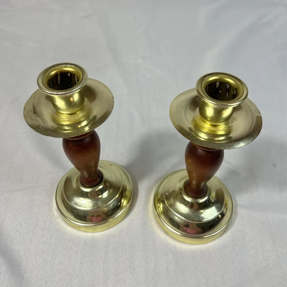 VTG Brass & Wood Candlestick Holders Pair Mid Century Traditional Candle Holders